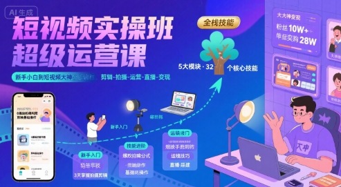 短视频实操班超级运营课，新手小白到短视频大神必修课程，剪辑-拍摄-运营-直播-变现-A5资源网