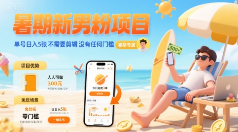 暑期新男粉项目 单号日入5张 不需要剪辑  没有任何门槛-A5资源网