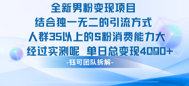 全新男粉变现项目引流人群35以上的男粉消费能力大 经过实测单日变现1k+-A5资源网