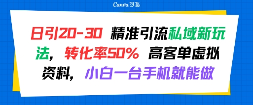 日引 20-30 精准引流私域新玩法，转化率50% 高客单虚拟资料，小白一台手机就能做-A5资源网