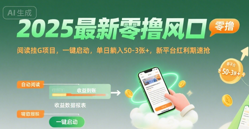 2025最新零撸风口，阅读挂G项目，一键启动，单日躺入 50-3张+，新平台红利期速抢【揭秘】-A5资源网