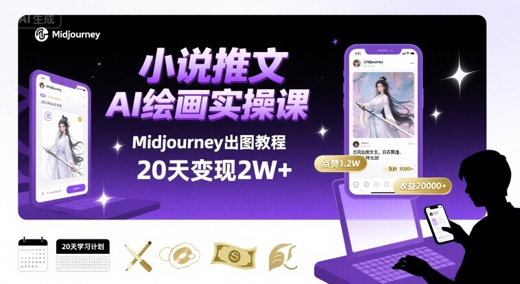 小说推文干货分享之AI绘画MJ出图实操课，用Midjourney做小说推文，20天挣2w-A5资源网