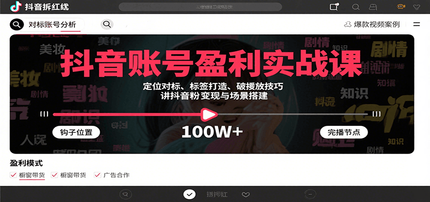 抖音账号盈利实战课，定位对标、标签打造、破播放技巧，讲涨粉变现与场景搭建-A5资源网