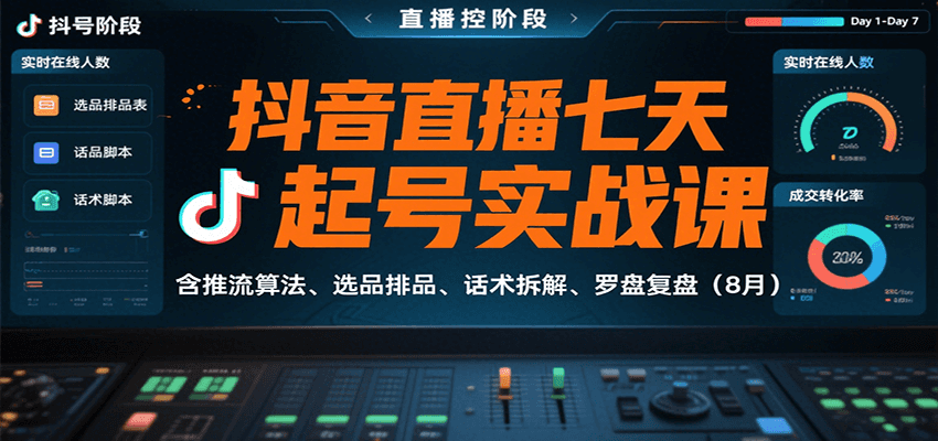 抖音直播七天起号实战课：含推流算法、选品排品、话术拆解、罗盘复盘(8月)-A5资源网