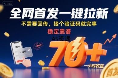 全网首发一键拉新项目，不需要回传，接个验证码就完事，稳定靠谱，一小时收益70+【揭秘】-A5资源网