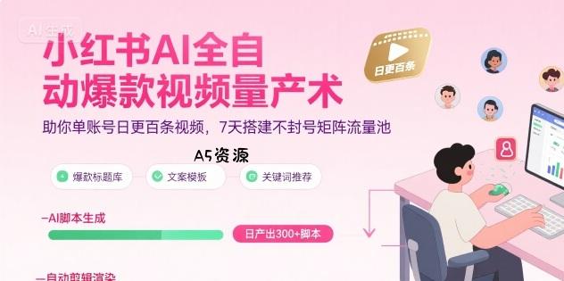 小红书AI全自动爆款视频量产术，助你单账号日更百条视频，7天搭建不封号矩阵流量池(更新8月)-A5资源网