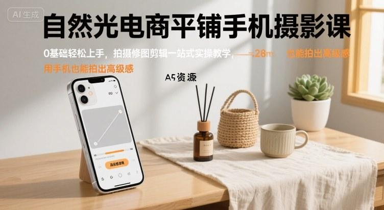 自然光电商平铺手机摄影课，0基础轻松上手，拍摄修图剪辑一站式实操教学，用手机也能拍出高级感-A5资源网
