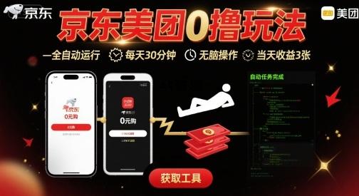 京东美团平台最新0撸玩法，全自动挂G，每天30分钟，无脑操作，当天收益3张【揭秘】-A5资源网