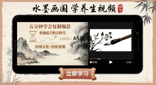水墨画国学养生视频，五分钟学会复制爆款，快速起千粉万粉号-A5资源网
