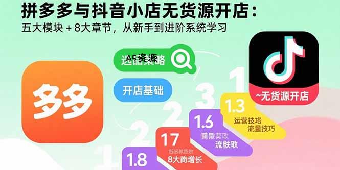 拼多多与抖音小店无货源开店：五大模块+8大章节，从新手到进阶系统学习-A5资源网