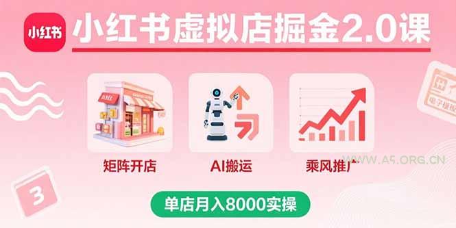 小红书虚拟店掘金2.0课，矩阵开店+AI搬运+乘风推广，单店月入8000实操-A5资源网