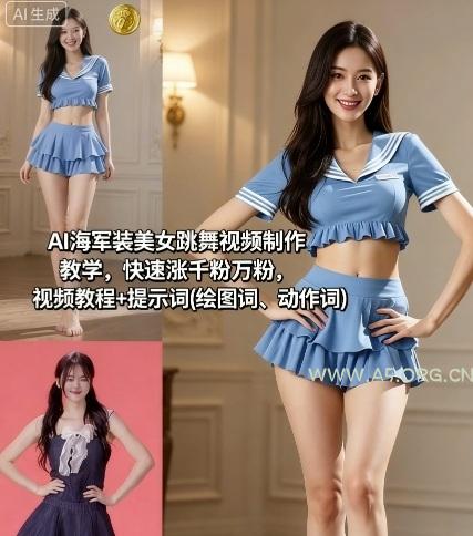 AI海军装美女跳舞视频制作教学，快速涨千粉万粉，视频教程+提示词(绘图词、动作词)-A5资源网