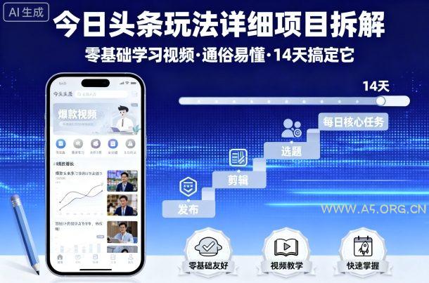 今日头条玩法详细项目拆解，零基础学习视频 通俗易懂 14天搞定它-A5资源网