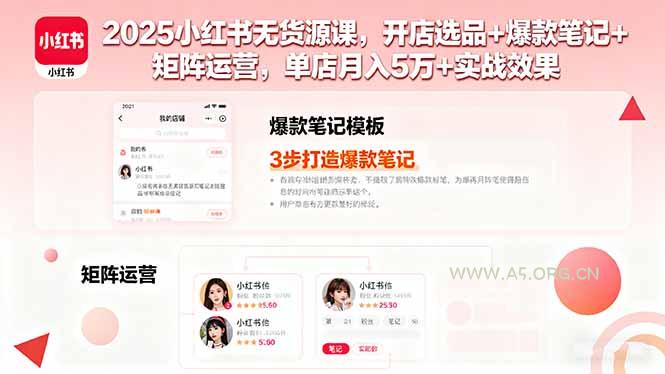 2025小红书无货源课，开店选品+爆款笔记+矩阵运营，单店月入5万+实战效果-A5资源网