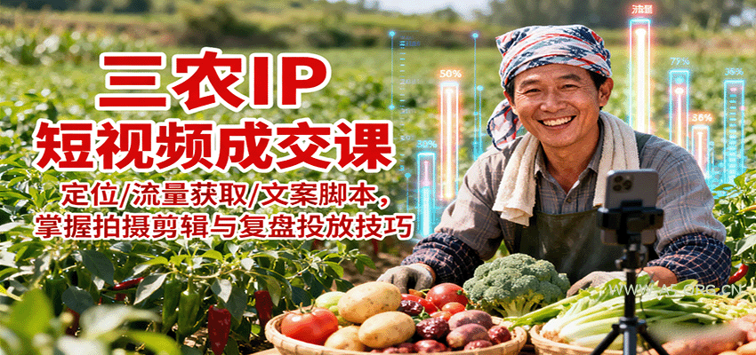 三农IP短视频成交课：定位/流量获取/文案脚本，掌握拍摄剪辑与复盘投放技巧-A5资源网