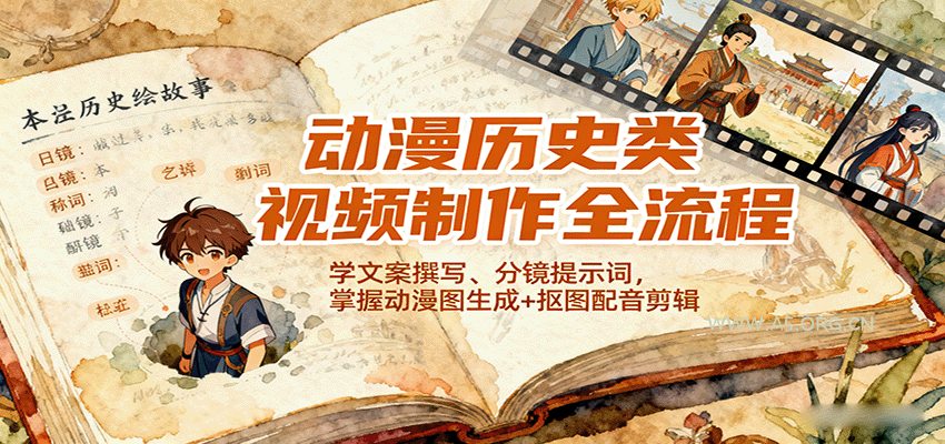 动漫历史类视频制作全流程，学文案撰写、分镜提示词，掌握动漫图生成+抠图配音剪辑-A5资源网
