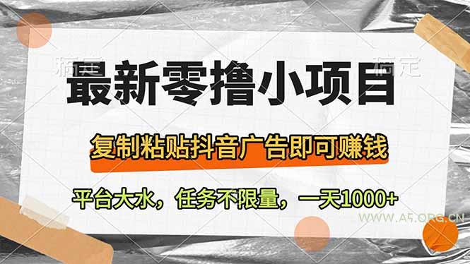 最新零撸小项目，复制粘贴抖音广告即可赚钱，平台大水，任务不限量，一...-A5资源网