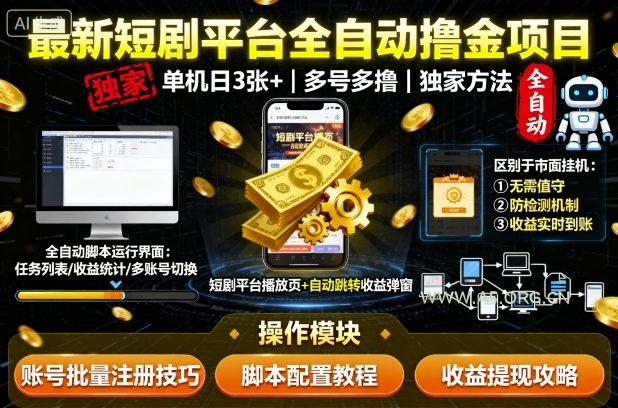 最新短剧平台全自动挂G撸金项目，单机一天3张+，多号多撸，区别于市面所有挂机项目，独家方法【揭秘】-A5资源网
