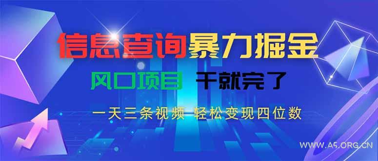 信息查询暴力掘金，一天三条视频 轻松变现四位数，风口项目干就完了-A5资源网