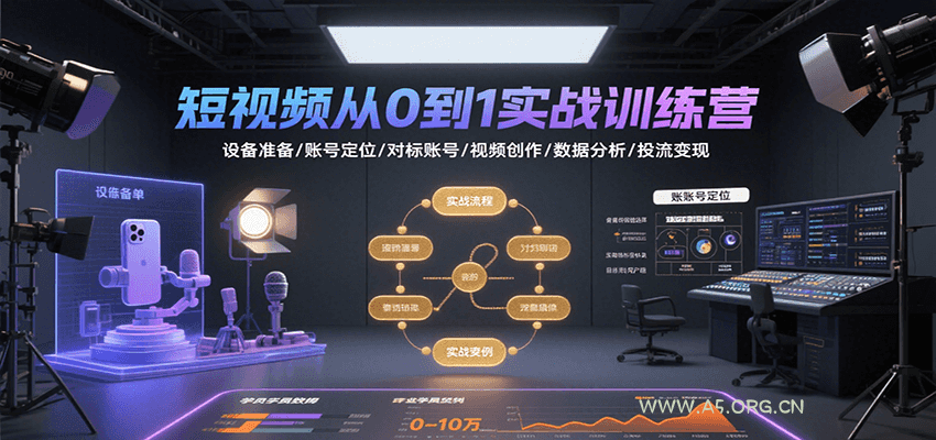 短视频从0到1实战训练营：设备准备/账号定位/对标账号/视频创作/数据分析/投流变现-A5资源网