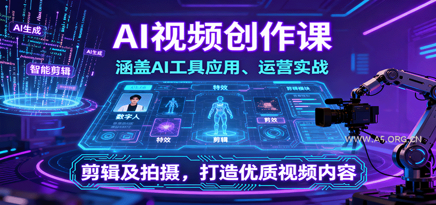 AI视频创作课，涵盖AI工具应用、运营实战、剪辑及拍摄，打造优质视频内容-A5资源网