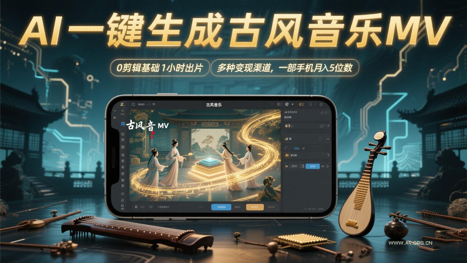 AI一键生成古风音乐MV，0剪辑基础1小时出片，多种变现渠道，一部手机月入5位数-A5资源网
