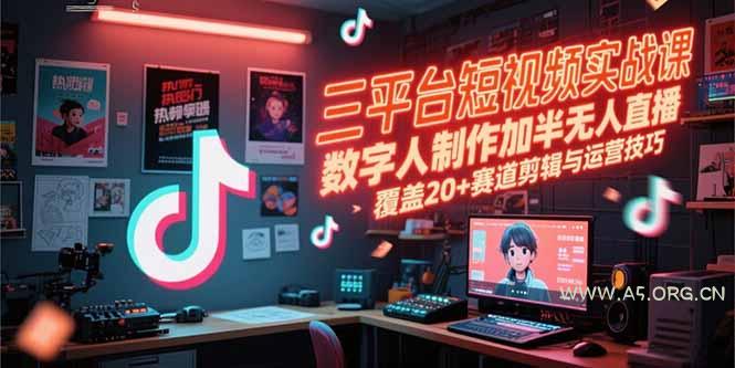 三平台短视频实战课，数字人制作加半无人直播，覆盖20+赛道剪辑与运营技巧-A5资源网