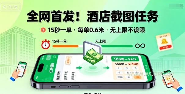全网首发！酒店截图任务，15秒一单，每单0.6米，任务无上限不设限，矩阵操作单日3张到手【揭秘】-A5资源网