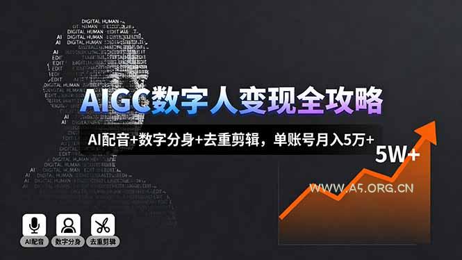 AIGC数字人变现全攻略，AI配音+数字分身+去重剪辑，单账号月入5万+-A5资源网