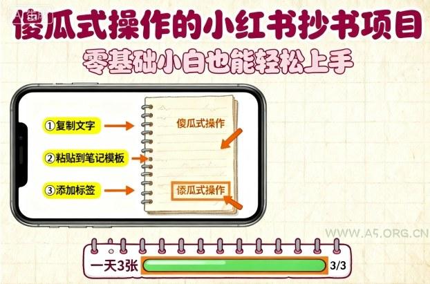傻瓜式操作的小红书抄书项目，会复制粘贴就行，零基础小白也能一天3张-A5资源网
