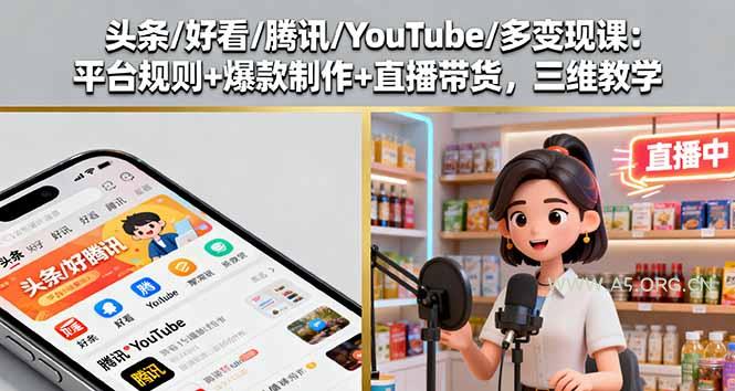 头条/好看/腾讯/YouTube/多变现课：平台规则+爆款制作+直播带货，三维教学-A5资源网