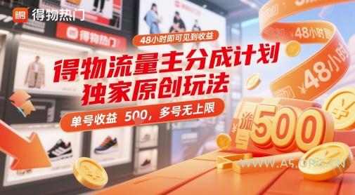 得物流量主分成计划独家原创玩法，48小时即可见到收益，单号收益5张，多号无上限【揭秘】-A5资源网