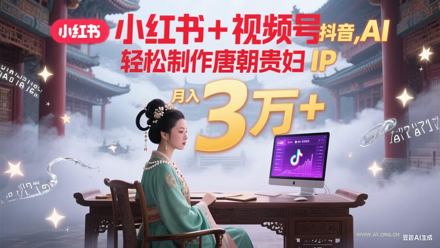小红书+视频号+抖音，AI轻松制作唐朝贵妇IP，毒鸡汤、励志、减肥瘦身、养生赛道轻松切入，每天30分钟，轻松产出N条，月入3万+-A5资源网