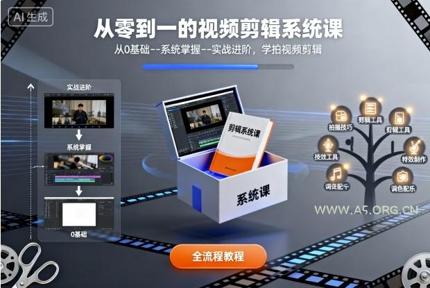 从零到一的视频剪辑系统课，从0基础--系统掌握--实战进阶，学拍视频剪辑-A5资源网