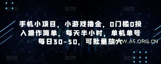 手机小项目，小游戏撸金，0门槛0投入操作简单，每天半小时，单机单号每日30-50，可批量放大-A5资源网