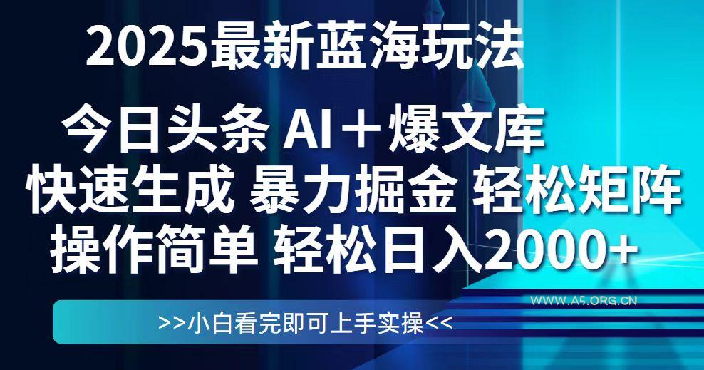 今日头条2025最新蓝海玩法，思路简单，复制粘贴，轻松实现矩阵日入2000+-A5资源网
