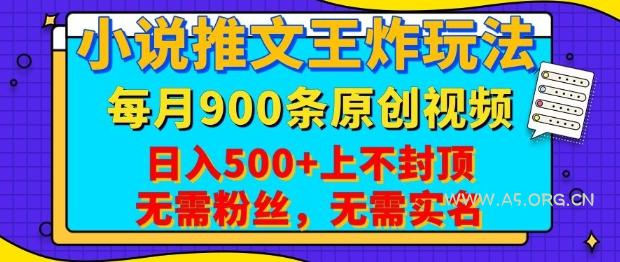 小说推文王炸玩法，一键代发，每月最多领900条原创视频，播放量收益日入5张，无需粉丝，无需实名【揭秘】-A5资源网