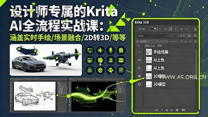 设计师专属的Krita AI全流程实战课：涵盖实时手绘/场景融合/2D转3D/等等-A5资源网