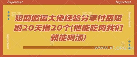 短剧搬运大佬经验分享付费短剧20天撸20个(他能吃肉我们就能喝汤)-A5资源网