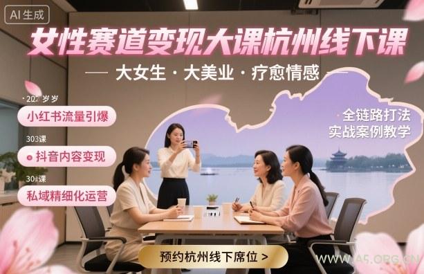 女性赛道变现大课杭州线下，大女生，大美业，疗愈情感，一套小红书、抖音、私域全链路打法-A5资源网