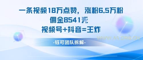 一条视频18W点赞，涨粉6.5W粉佣金8541米，视频号+抖音=王炸-A5资源网