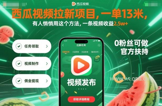 西瓜视频拉新项目，一单13米，有人悄悄用这个方法，一条视频收益2.5w+(附详细教程)-A5资源网