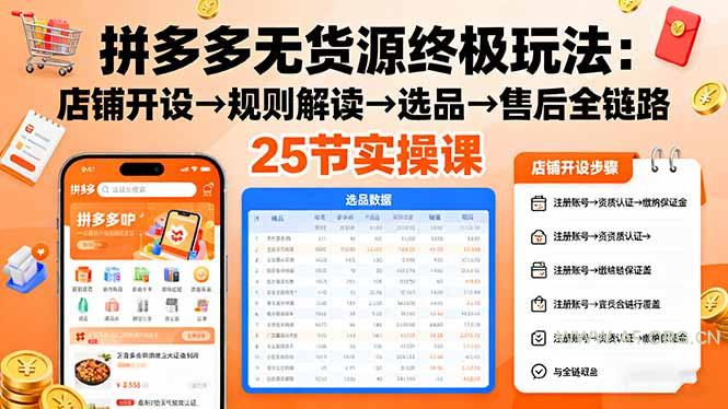 拼多多无货源终极玩法：店铺开设→规则解读→选品→售后全链路,25节实操课-A5资源网