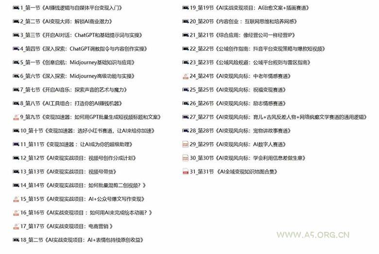 AI全面变现实操班：从0到1引领你赚取副业首桶金 AI工具玩法/实战技能/变现 - A5资源网