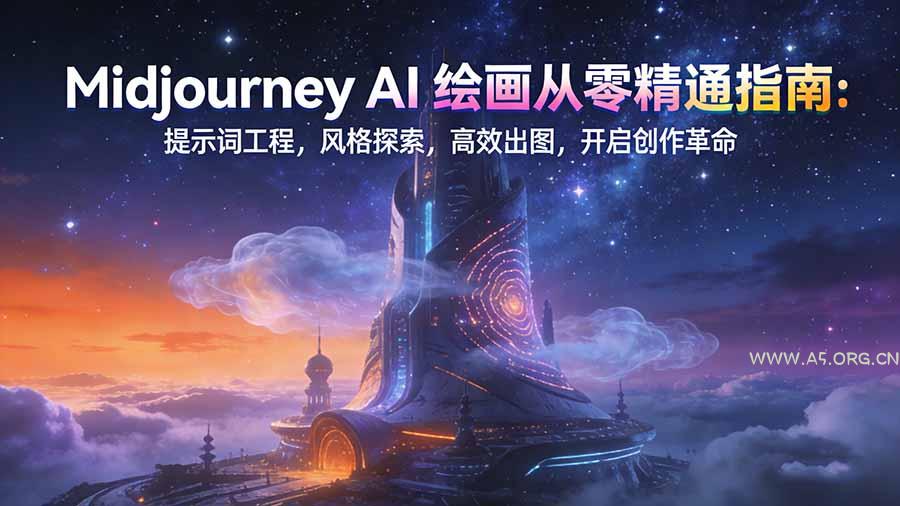Midjourney AI绘画从零精通指南:提示词工程,风格探索,高效出图,开启创作革命 - A5资源网 Midjourney AI绘画从零精通指南:提示词工程,风格探索,高效出图,开启创作革命 - A5资源网