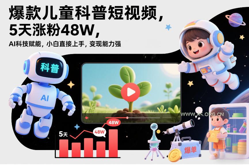 爆款儿童科普短视频，5天涨粉48W，AI科技赋能，小白直接上手，变现能力强，橱窗带货爆单不停-A5资源网