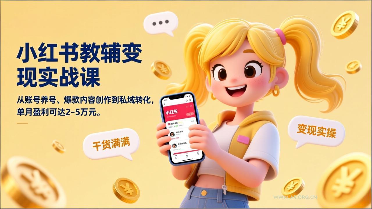 小红书教辅变现实战课，从账号养号、爆款内容创作到私域转化，单月盈利可达2-5万元-A5资源网