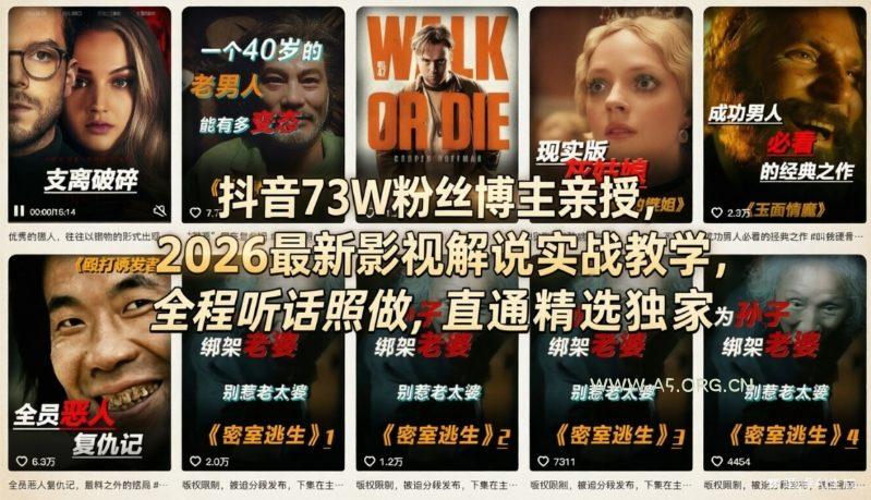 抖音73W粉丝博主亲授,2026最新影视解说实战教学,全程听话照做,直通精选独家-A5资源网