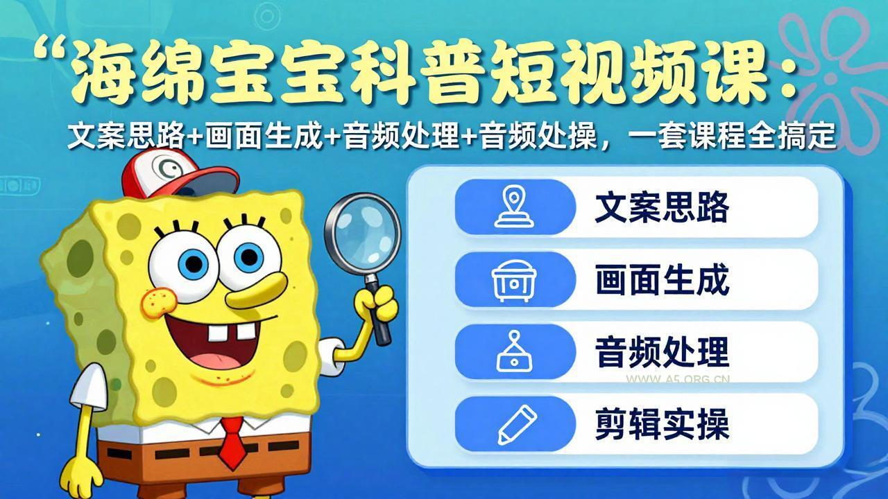 海绵宝宝科普短视频课：文案思路+画面生成+音频处理+剪辑实操，一套课程全搞定-A5资源网