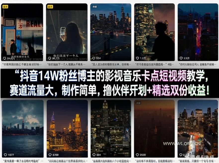 抖音14W粉丝博主的影视音乐卡点短视频教学，赛道流量大，制作简单，撸伙伴计划+精选双份收益！-A5资源网